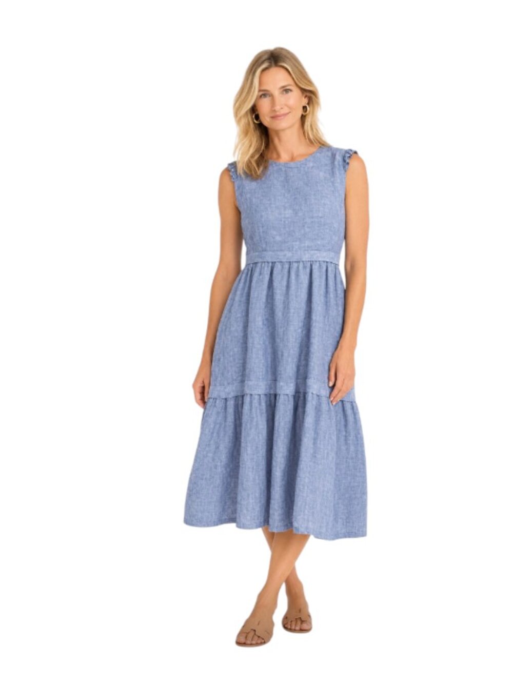 Peserico Tiered Midi Dress Womens 42 Medium Blue Linen Crew Neck Monili Trim